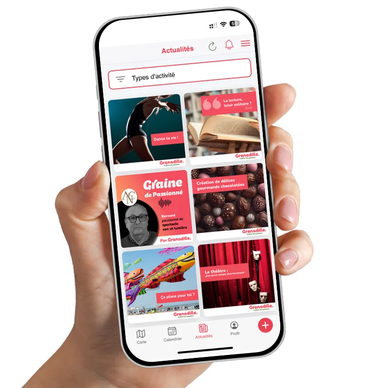Capture d’écran de l’application Grenadille présentant des idées d’activités à découvrir